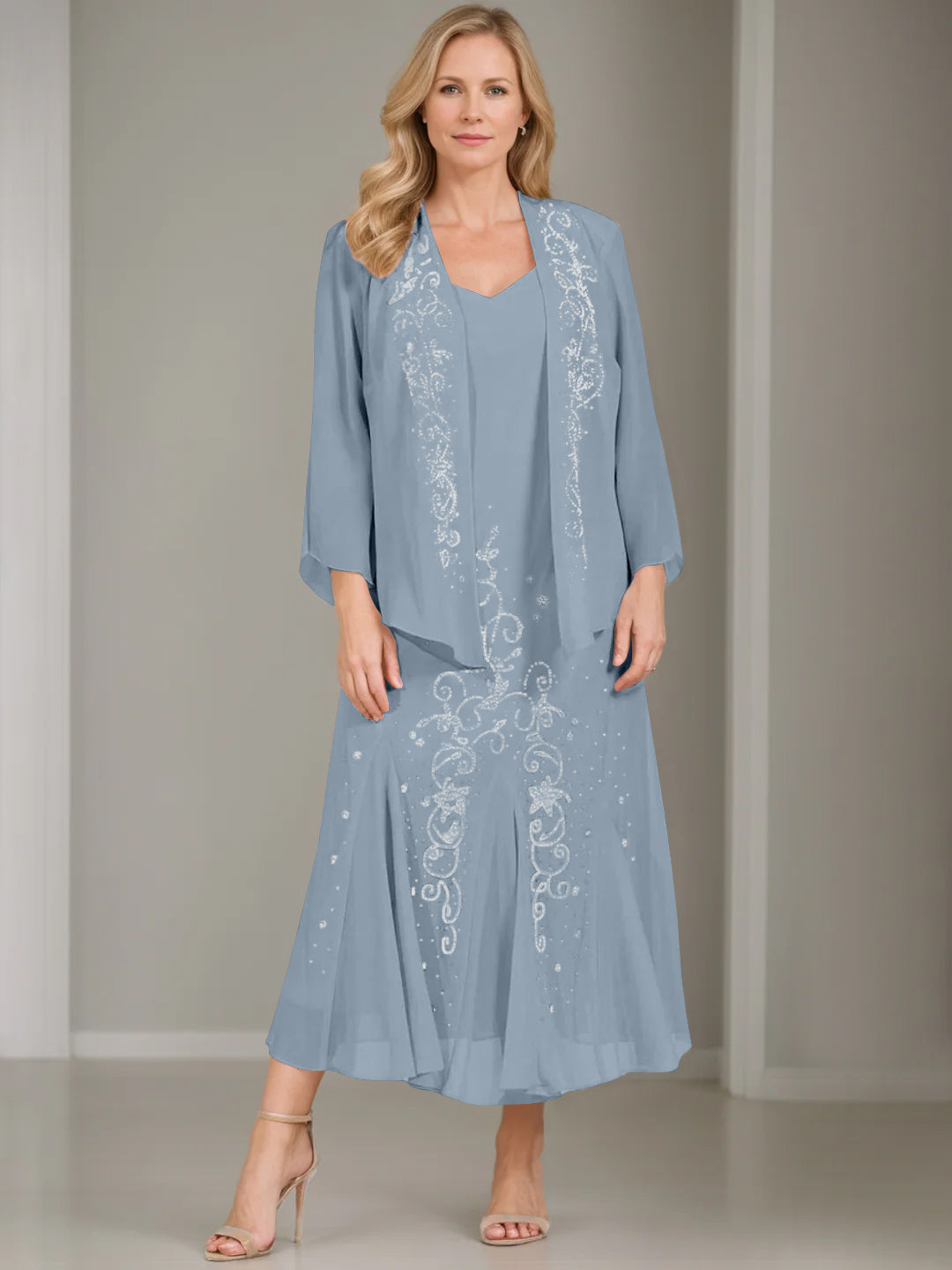 A-Line/Princess 2 Pieces V-Neck Tea-Length Plus Size Mother of the Bride Dresses with Jacket & Sequins