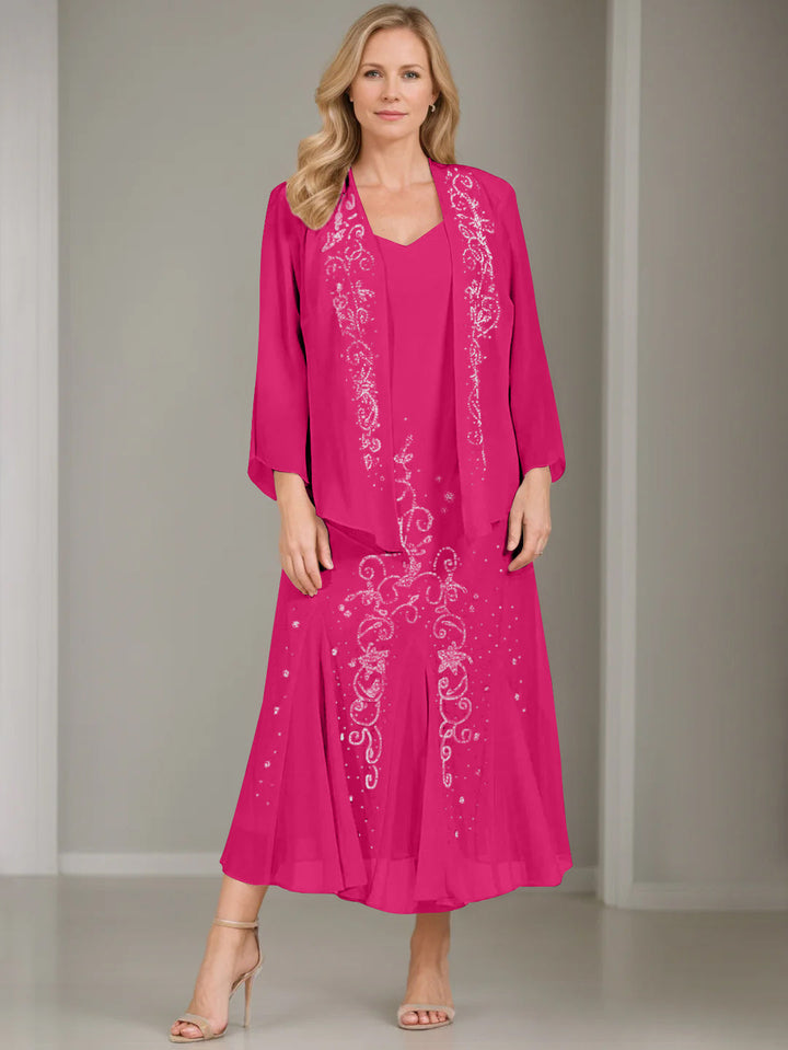 A-Line/Princess 2 Pieces V-Neck Tea-Length Plus Size Mother of the Bride Dresses with Jacket & Sequins