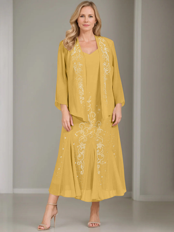 A-Line/Princess 2 Pieces V-Neck Tea-Length Plus Size Mother of the Bride Dresses with Jacket & Sequins