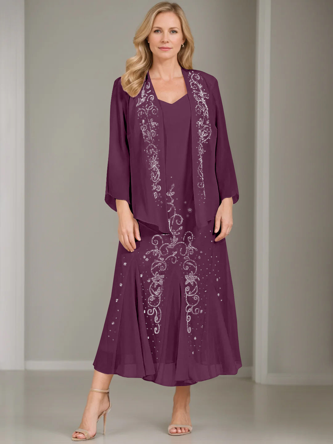 A-Line/Princess 2 Pieces V-Neck Tea-Length Plus Size Mother of the Bride Dresses with Jacket & Sequins