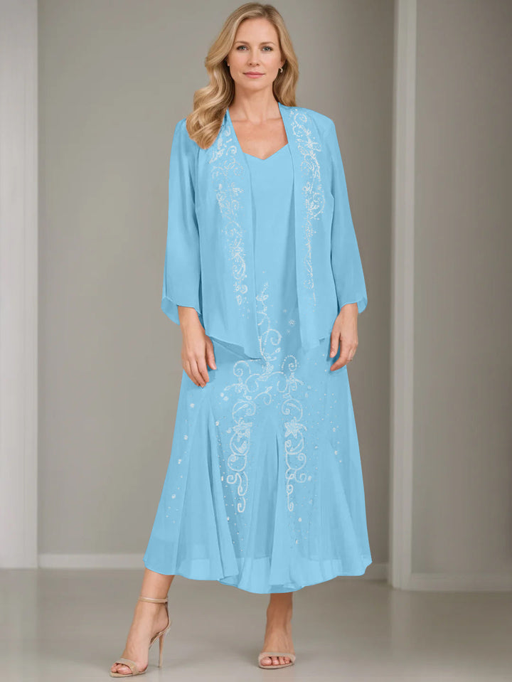 A-Line/Princess 2 Pieces V-Neck Tea-Length Plus Size Mother of the Bride Dresses with Jacket & Sequins