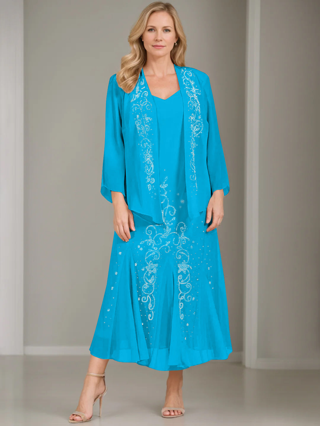 A-Line/Princess 2 Pieces V-Neck Tea-Length Plus Size Mother of the Bride Dresses with Jacket & Sequins