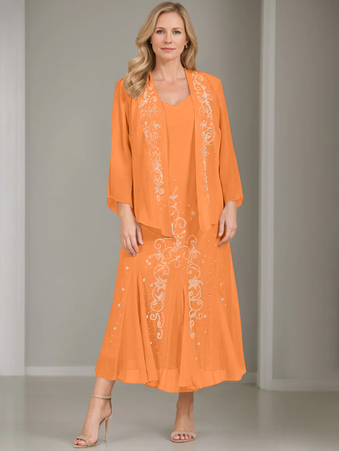 A-Line/Princess 2 Pieces V-Neck Tea-Length Plus Size Mother of the Bride Dresses with Jacket & Sequins