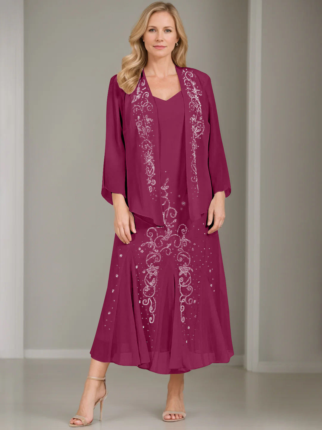 A-Line/Princess 2 Pieces V-Neck Tea-Length Plus Size Mother of the Bride Dresses with Jacket & Sequins