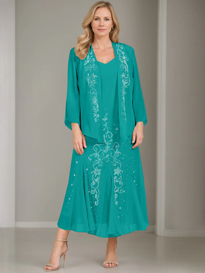 A-Line/Princess 2 Pieces V-Neck Tea-Length Plus Size Mother of the Bride Dresses with Jacket & Sequins