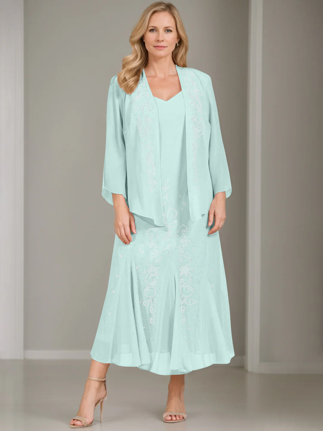 A-Line/Princess 2 Pieces V-Neck Tea-Length Plus Size Mother of the Bride Dresses with Jacket & Sequins