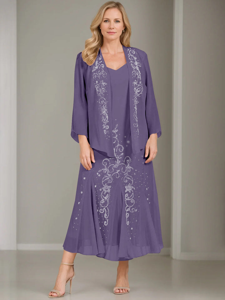 A-Line/Princess 2 Pieces V-Neck Tea-Length Plus Size Mother of the Bride Dresses with Jacket & Sequins