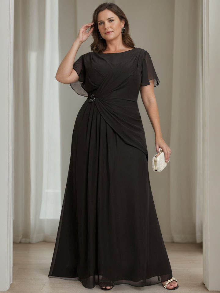 A-Line/Princess Round Neck Short Sleeves Floor-Length Plus Size Mother of the Bride Dresses with Ruffles