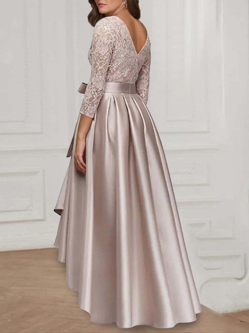 A Line/Princess Jewel Neck 3/4 Length Sleeves Asymmetrical Plus Size Mother of the Bride Dresses with Bowknot