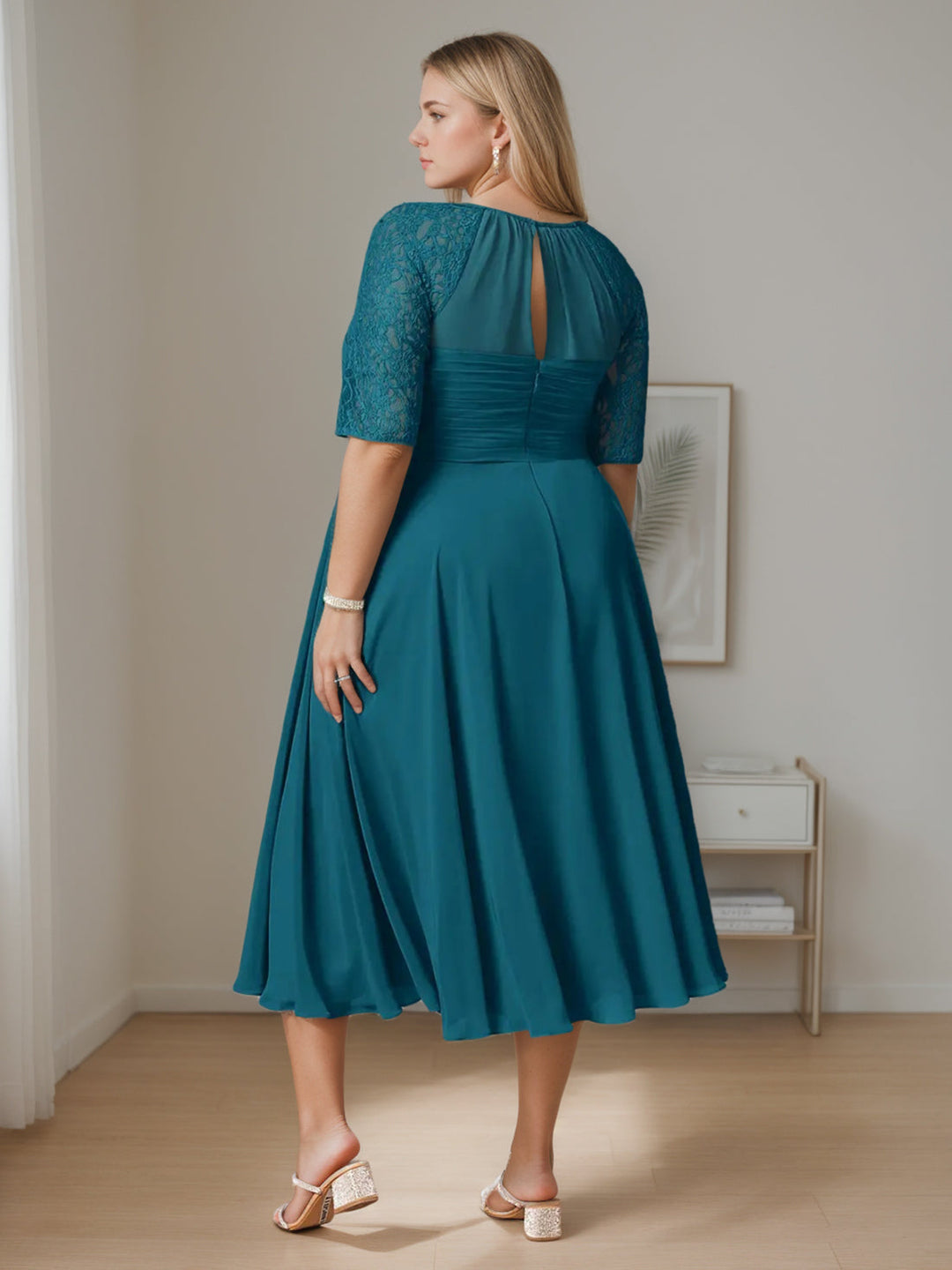 A-Line/Princess Round Neck Half Sleeves Tea-Length Plus Size Mother of the Bride Dresses with Ruffles