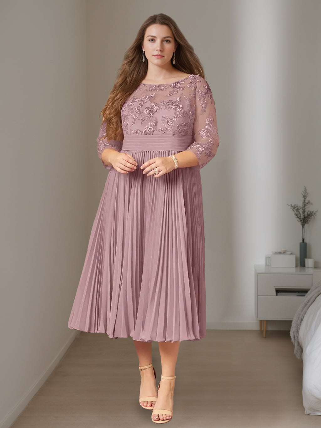 A-Line/Princess Scoop Neck 3/4 Length Sleeves Tea-Length Plus Size Mother of the Bride Dresses with Ruffles