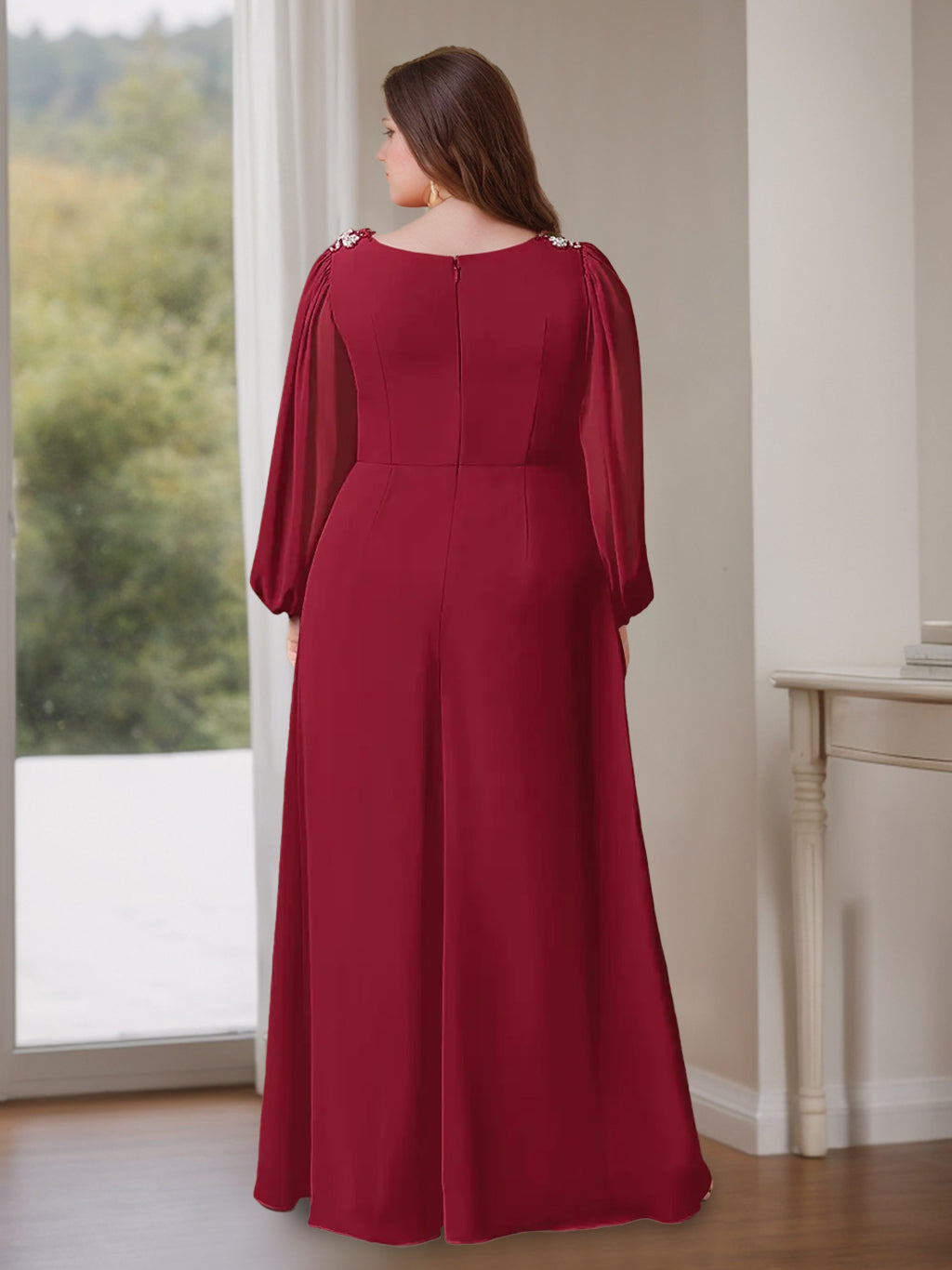 A-Line/Princess V-Neck Long Sleeves Floor-Length Plus Size Mother of the Bride Dresses with Ruffles