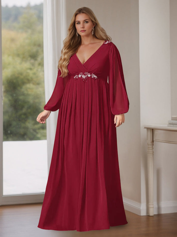 A-Line/Princess V-Neck Long Sleeves Floor-Length Plus Size Mother of the Bride Dresses with Ruffles