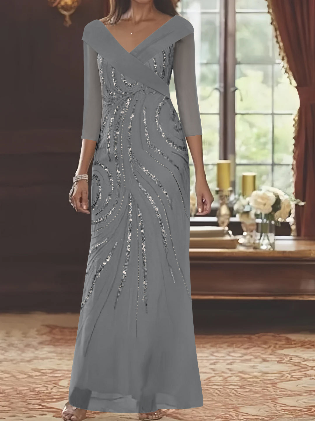 Sheath/Column V-Neck 3/4 Length Sleeve Floor-Length Mother of the Bride Dresses with Sequins