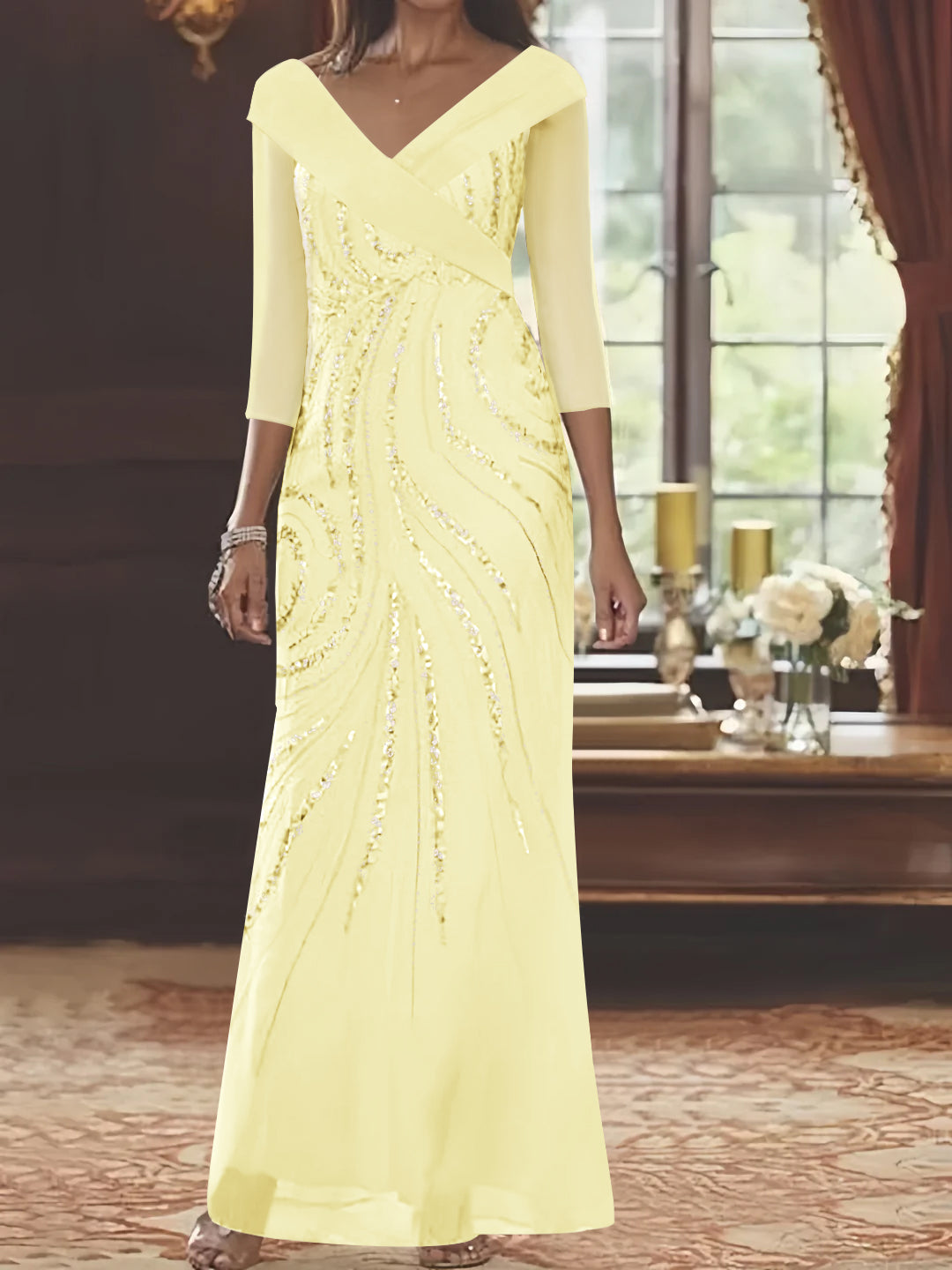 Sheath/Column V-Neck 3/4 Length Sleeve Floor-Length Mother of the Bride Dresses with Sequins