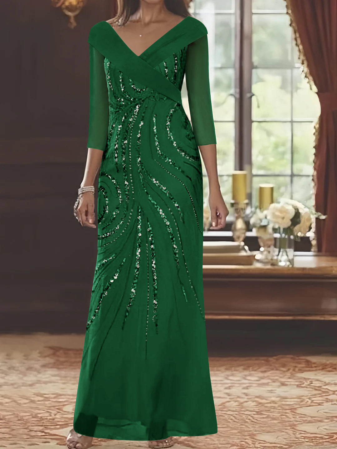 Sheath/Column V-Neck 3/4 Length Sleeve Floor-Length Mother of the Bride Dresses with Sequins