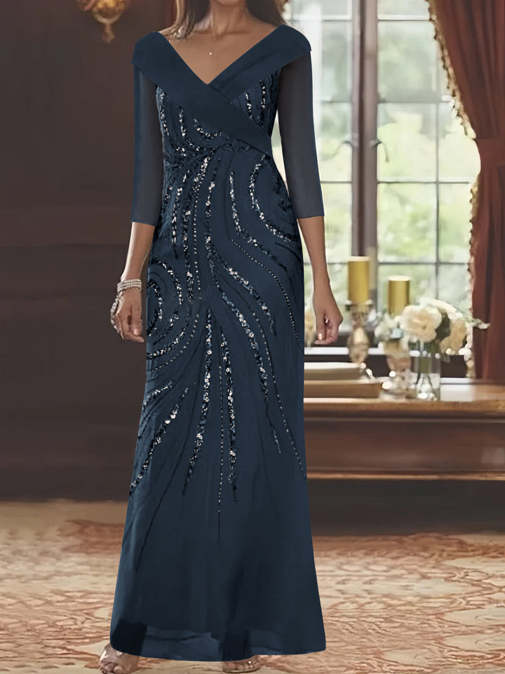 Sheath/Column V-Neck 3/4 Length Sleeve Floor-Length Mother of the Bride Dresses with Sequins