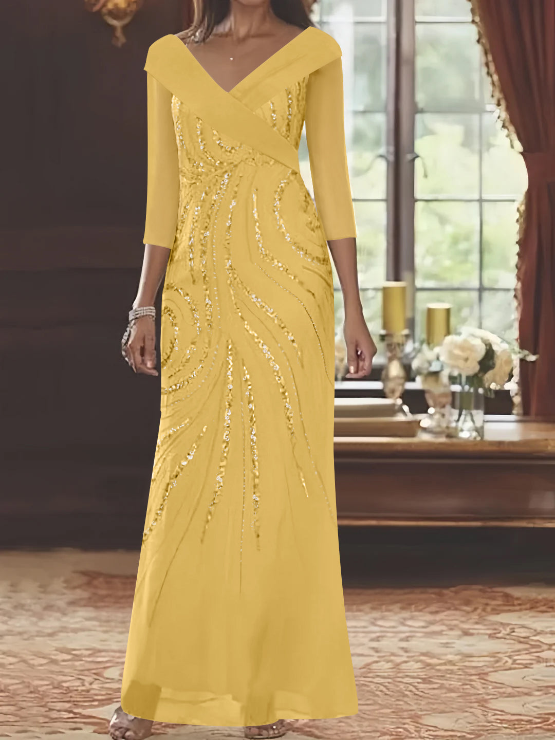 Sheath/Column V-Neck 3/4 Length Sleeve Floor-Length Mother of the Bride Dresses with Sequins