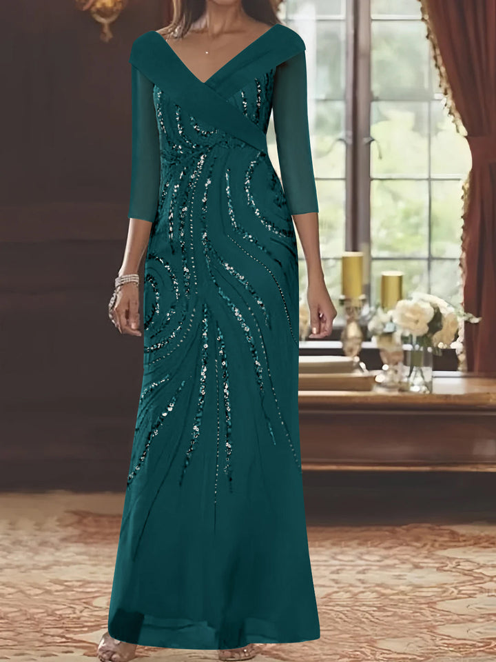 Sheath/Column V-Neck 3/4 Length Sleeve Floor-Length Mother of the Bride Dresses with Sequins