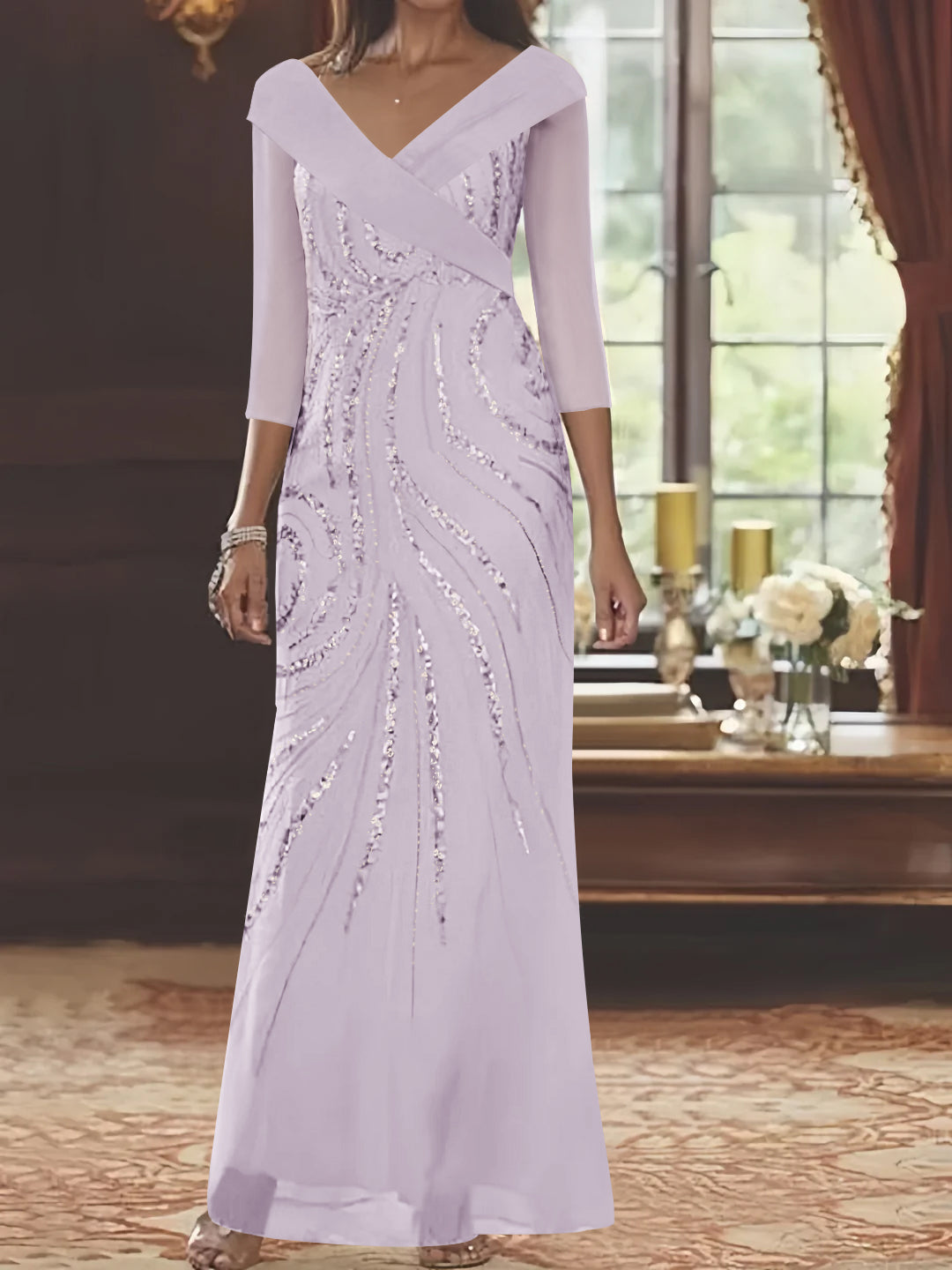 Sheath/Column V-Neck 3/4 Length Sleeve Floor-Length Mother of the Bride Dresses with Sequins