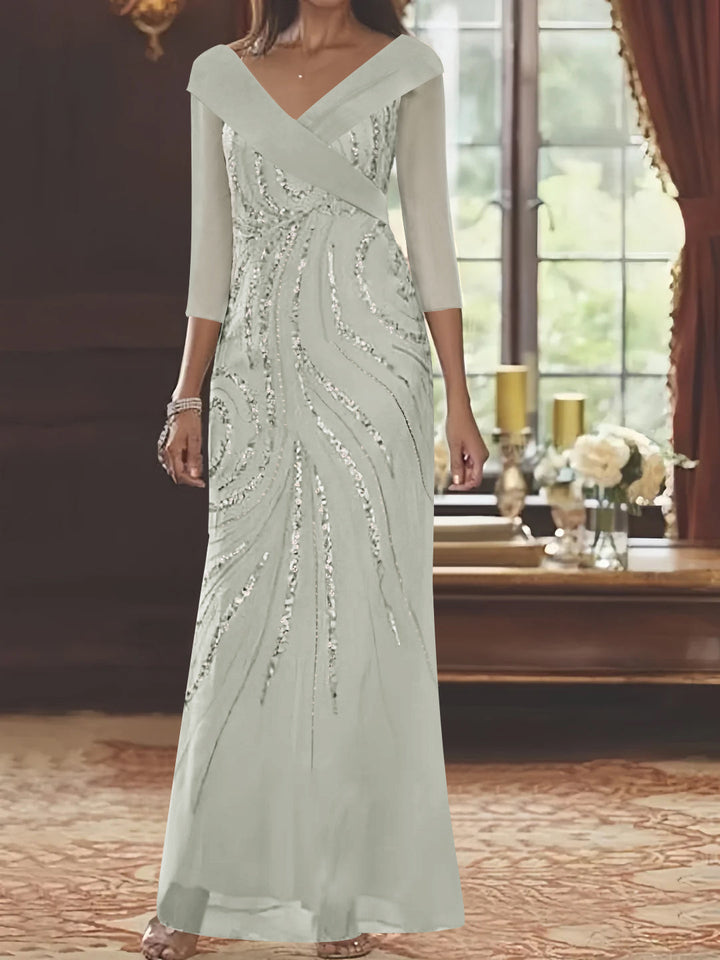 Sheath/Column V-Neck 3/4 Length Sleeve Floor-Length Mother of the Bride Dresses with Sequins