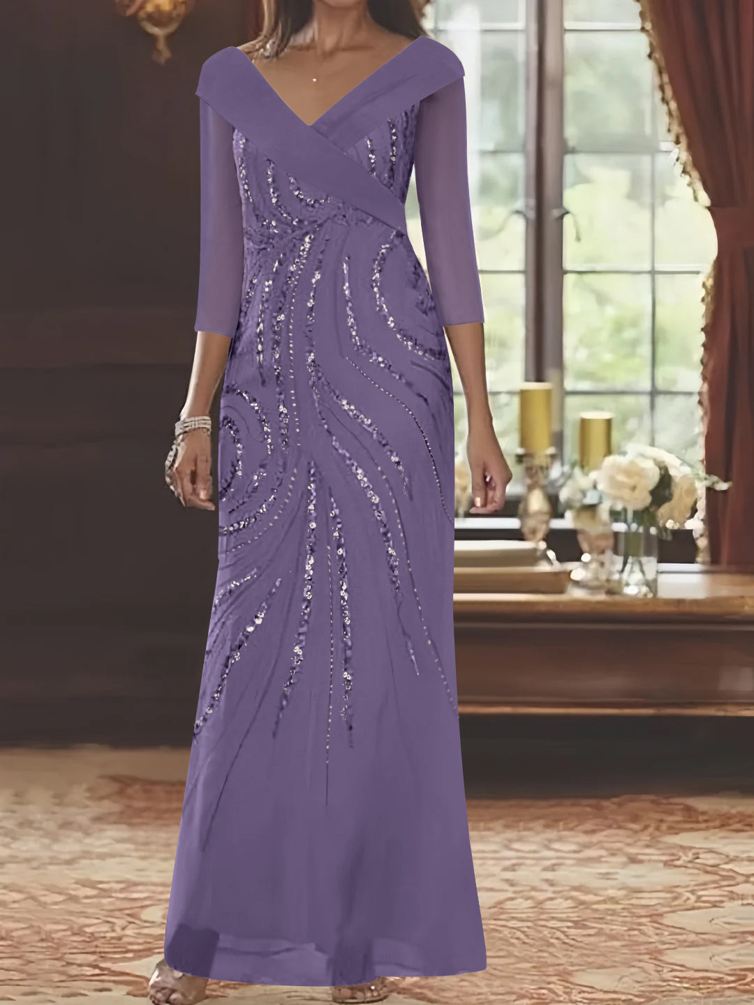 Sheath/Column V-Neck 3/4 Length Sleeve Floor-Length Mother of the Bride Dresses with Sequins