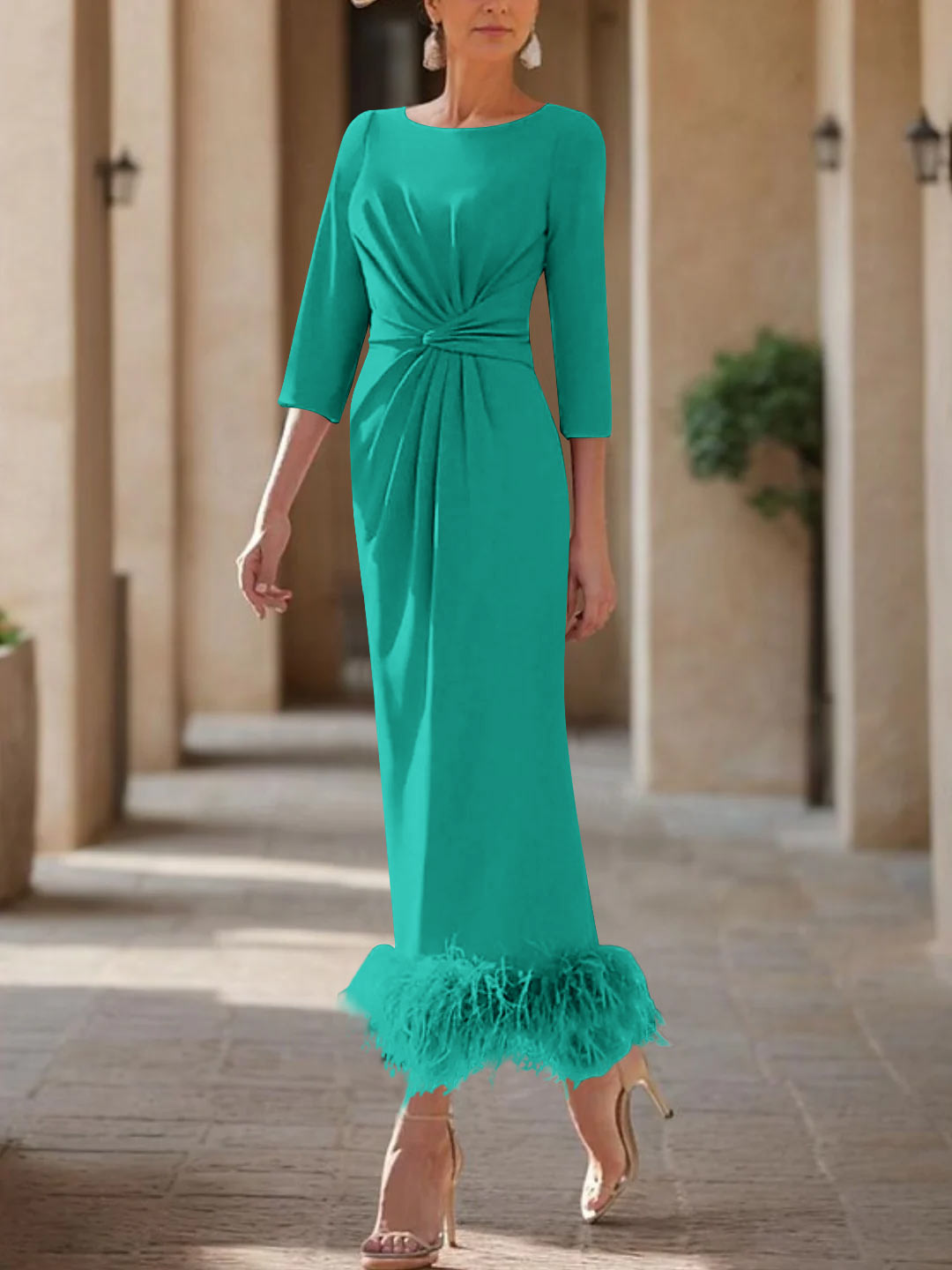 Sheath/Column Scoop Neck Ankle Length Elegant Mother of the Bride  & Groom Dresses with Feather