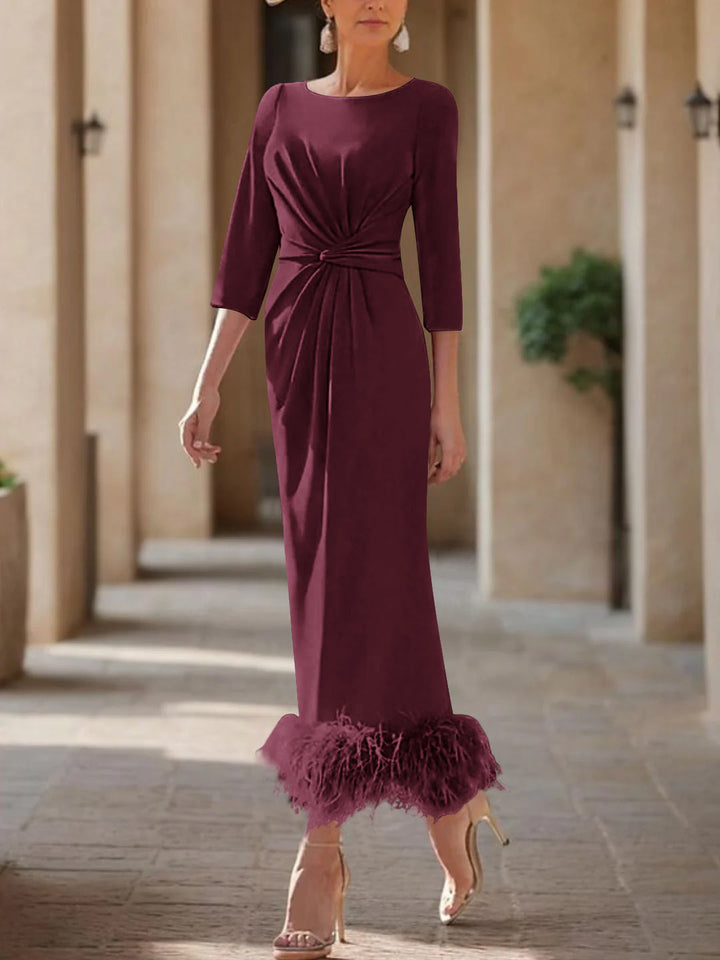 Sheath/Column Scoop Neck Ankle Length Elegant Mother of the Bride  & Groom Dresses with Feather