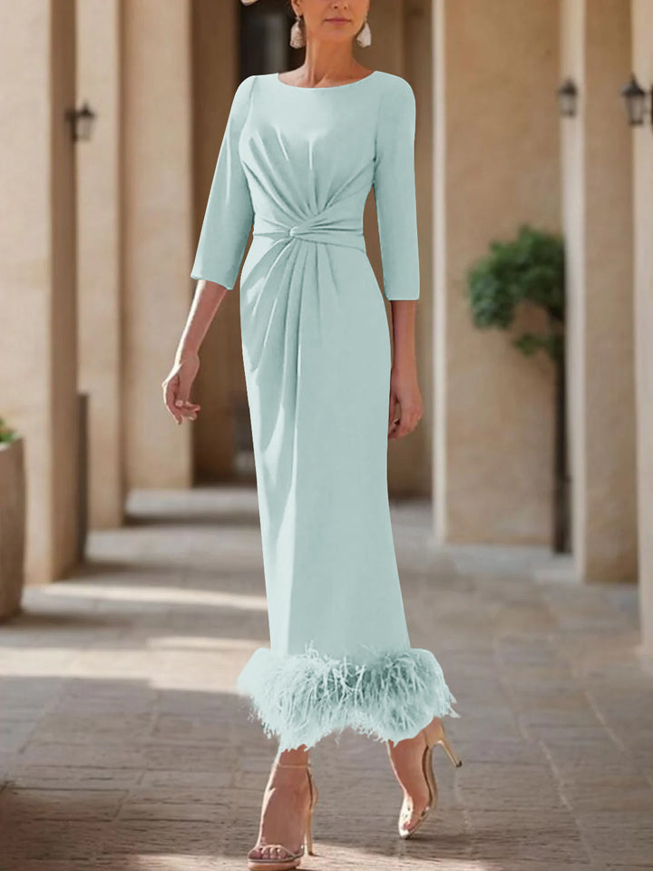 Sheath/Column Scoop Neck Ankle Length Elegant Mother of the Bride  & Groom Dresses with Feather