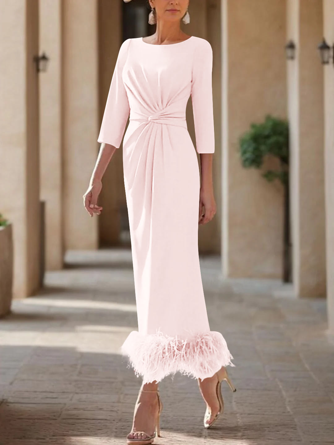 Sheath/Column Scoop Neck Ankle Length Elegant Mother of the Bride  & Groom Dresses with Feather