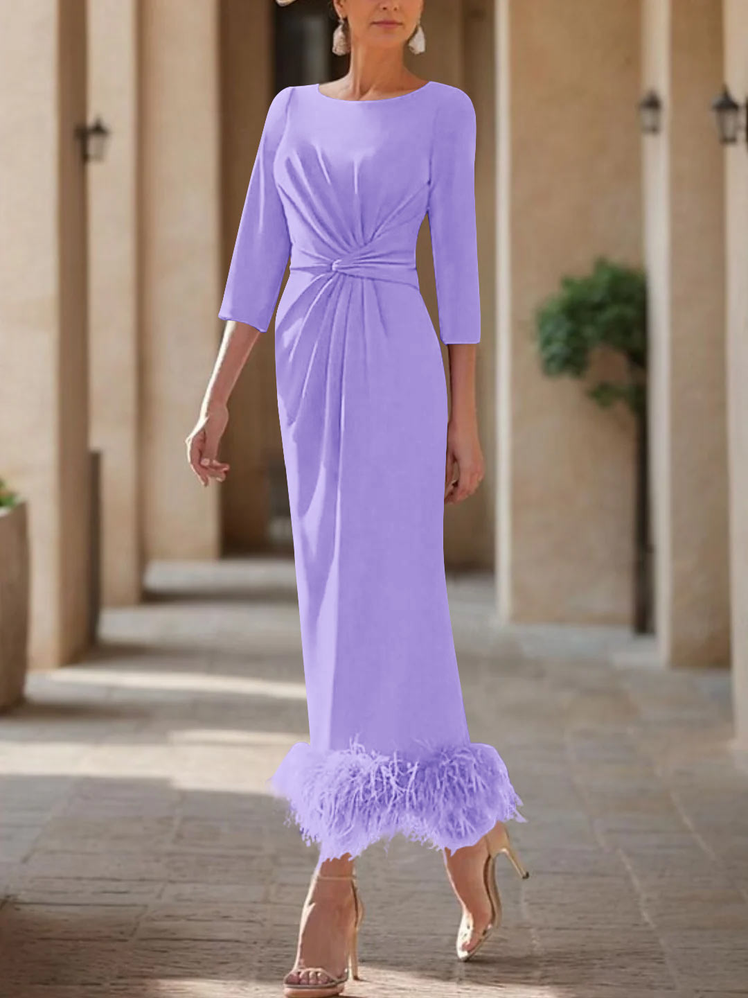 Sheath/Column Scoop Neck Ankle Length Elegant Mother of the Bride  & Groom Dresses with Feather