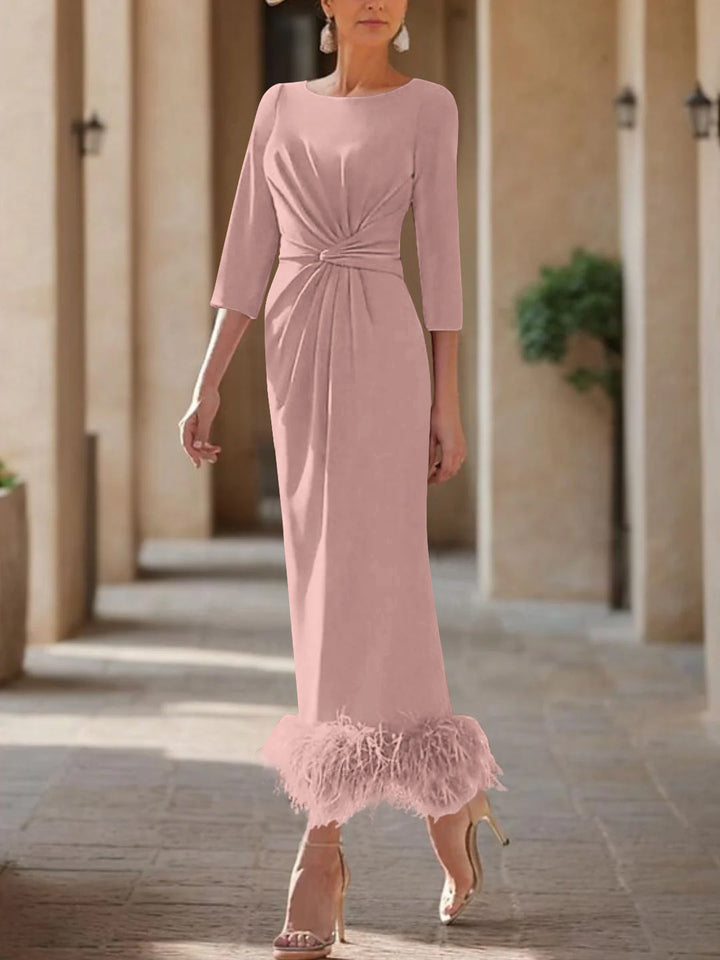 Sheath/Column Scoop Neck Ankle Length Elegant Mother of the Bride  & Groom Dresses with Feather