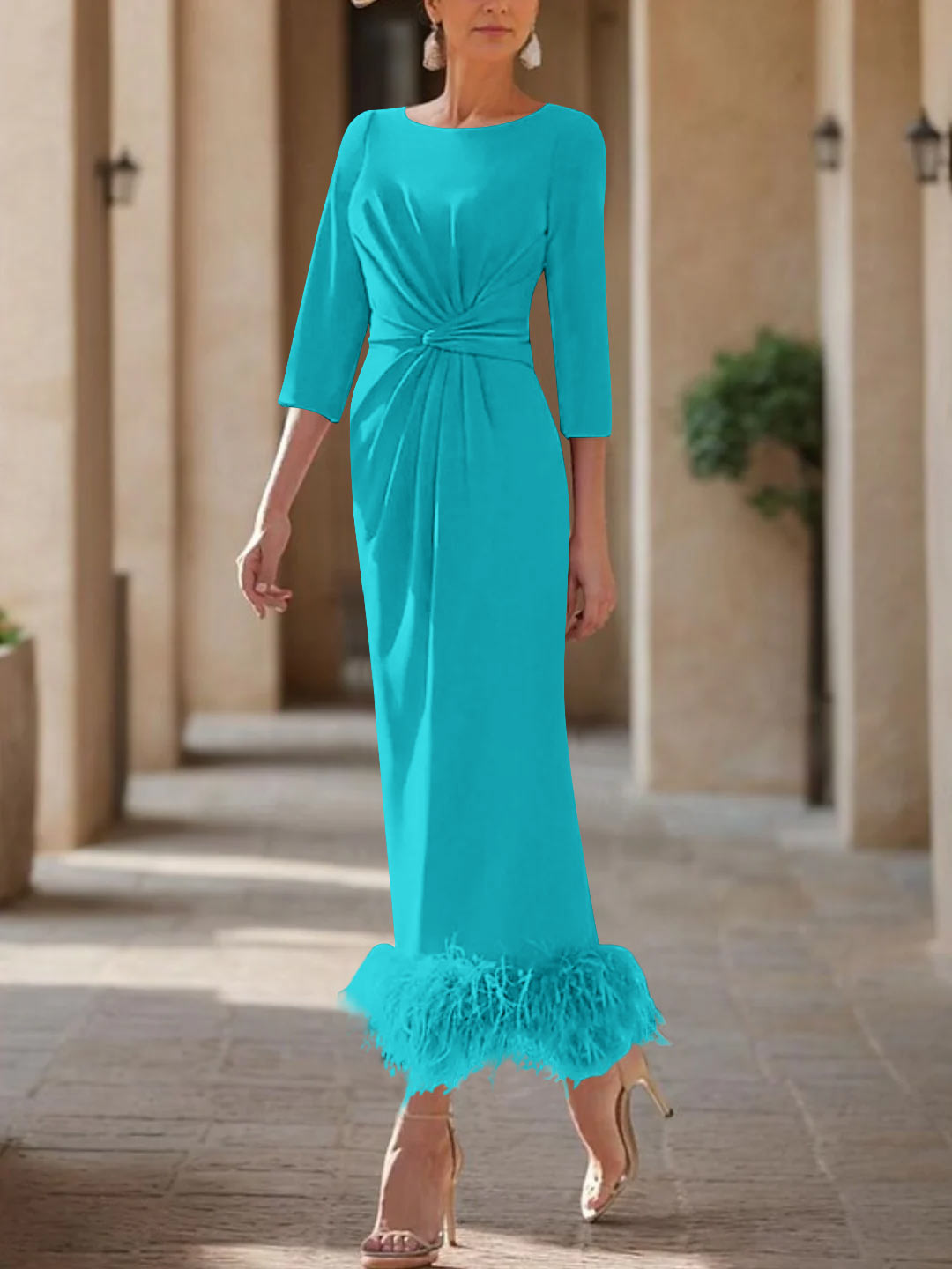 Sheath/Column Scoop Neck Ankle Length Elegant Mother of the Bride  & Groom Dresses with Feather