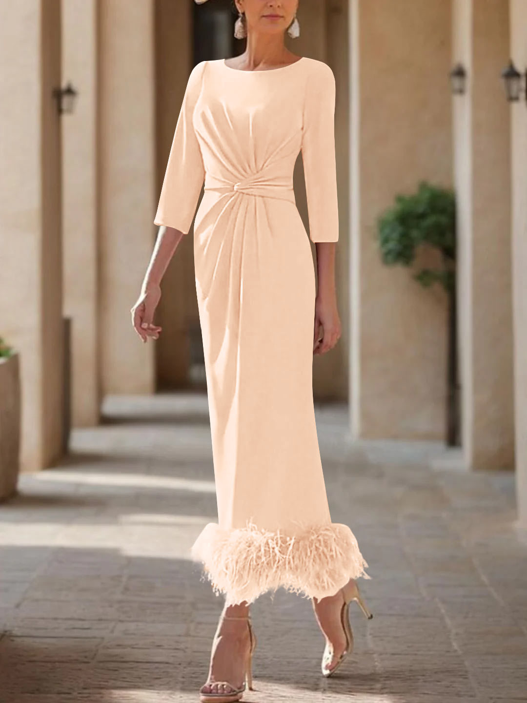 Sheath/Column Scoop Neck Ankle Length Elegant Mother of the Bride  & Groom Dresses with Feather