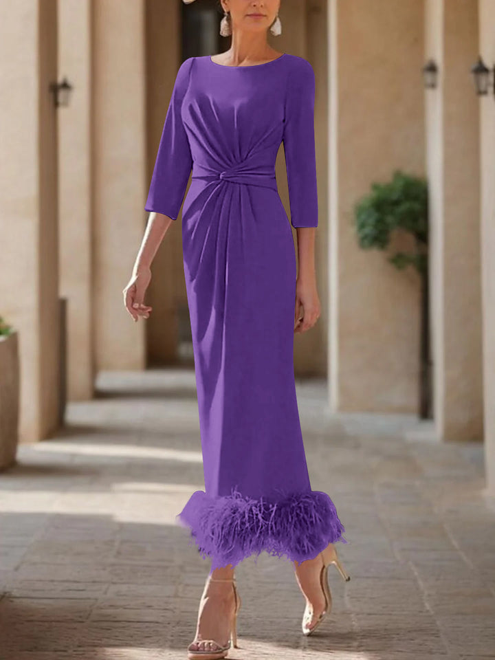 Sheath/Column Scoop Neck Ankle Length Elegant Mother of the Bride  & Groom Dresses with Feather