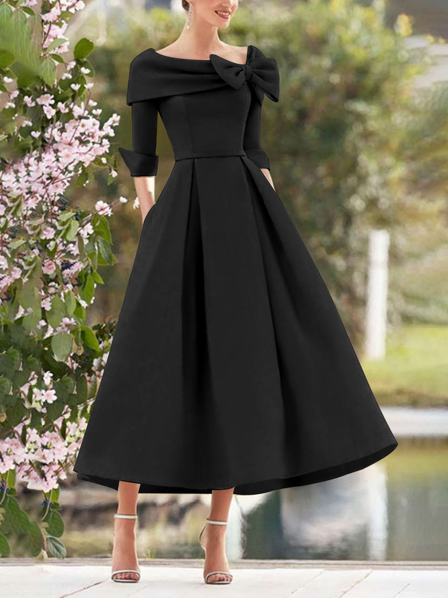 A-Line/Princess Cowl Neck Bow(s) 3/4 Sleeves Tea Length Elegant Mother of the Bride  & Groom Dresses