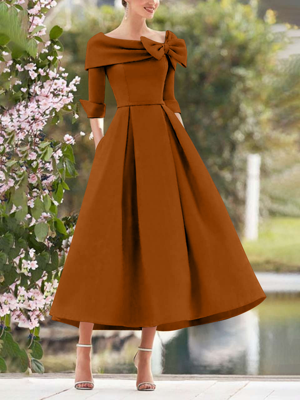 A-Line/Princess Cowl Neck Bow(s) 3/4 Sleeves Tea Length Elegant Mother of the Bride  & Groom Dresses
