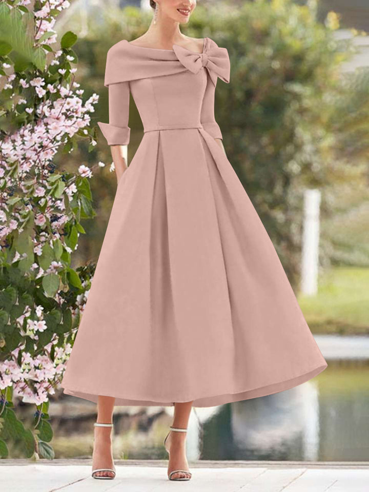 A-Line/Princess Cowl Neck Bow(s) 3/4 Sleeves Tea Length Elegant Mother of the Bride  & Groom Dresses