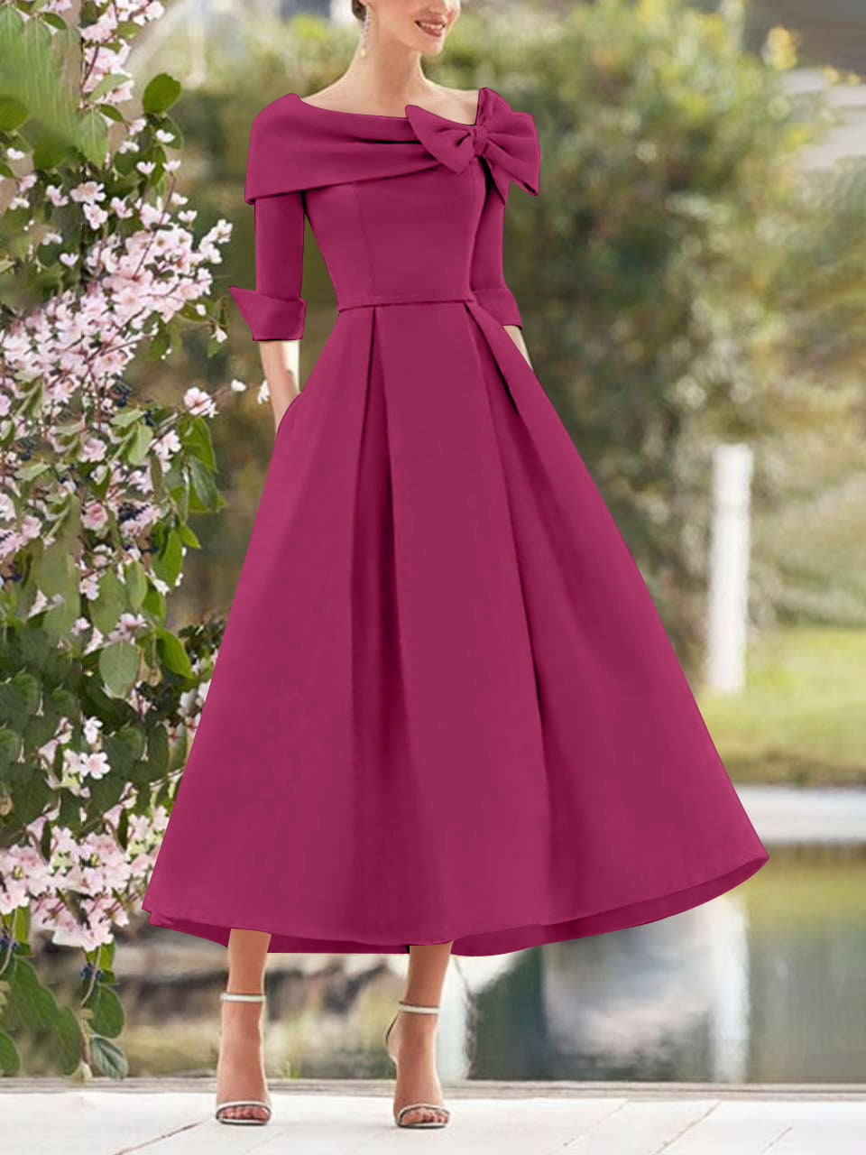 A-Line/Princess Cowl Neck Bow(s) 3/4 Sleeves Tea Length Elegant Mother of the Bride  & Groom Dresses