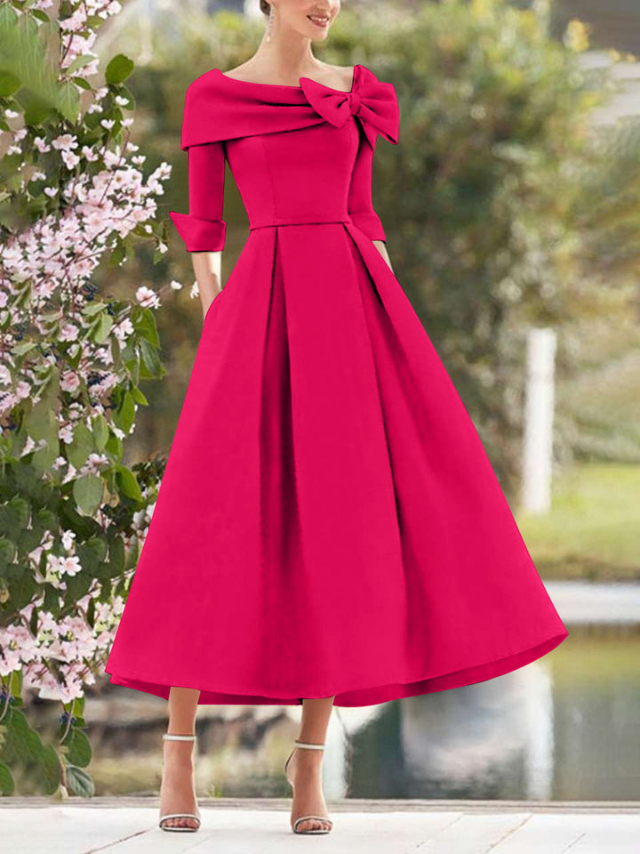 A-Line/Princess Cowl Neck Bow(s) 3/4 Sleeves Tea Length Elegant Mother of the Bride  & Groom Dresses