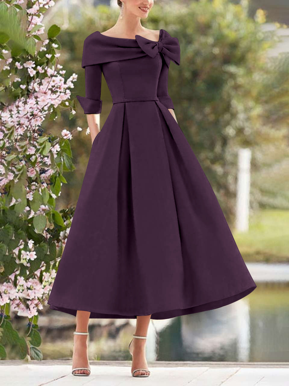 A-Line/Princess Cowl Neck Bow(s) 3/4 Sleeves Tea Length Elegant Mother of the Bride  & Groom Dresses