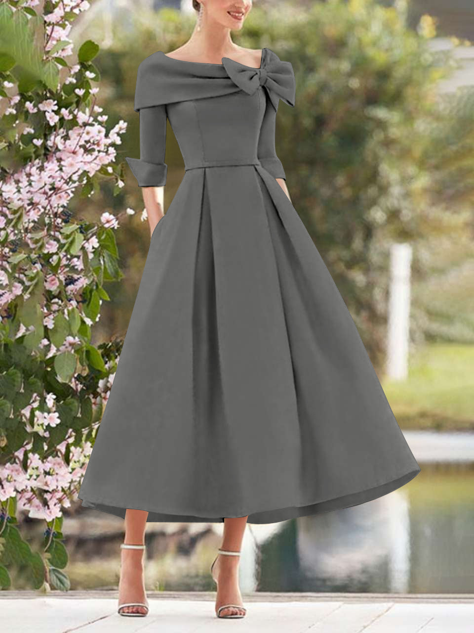 A-Line/Princess Cowl Neck Bow(s) 3/4 Sleeves Tea Length Elegant Mother of the Bride  & Groom Dresses