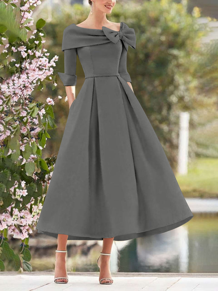 A-Line/Princess Cowl Neck Bow(s) 3/4 Sleeves Tea Length Elegant Mother of the Bride  & Groom Dresses