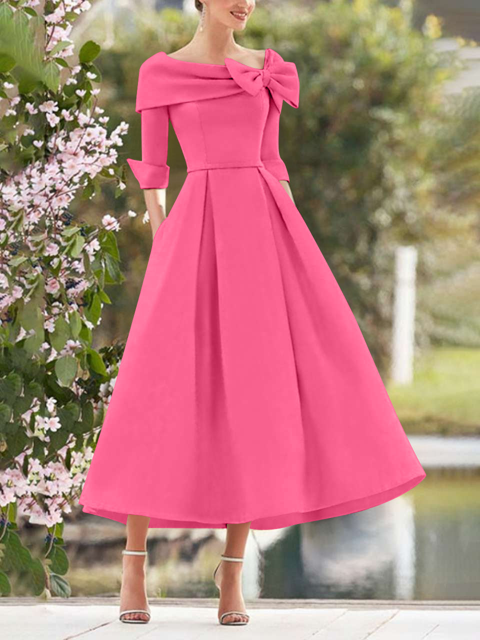 A-Line/Princess Cowl Neck Bow(s) 3/4 Sleeves Tea Length Elegant Mother of the Bride  & Groom Dresses