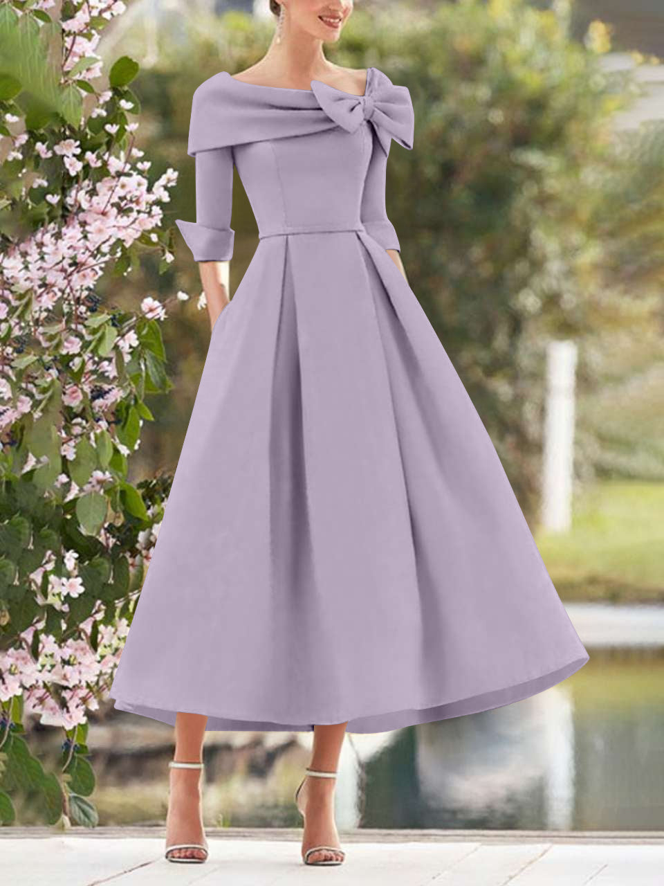 A-Line/Princess Cowl Neck Bow(s) 3/4 Sleeves Tea Length Elegant Mother of the Bride  & Groom Dresses
