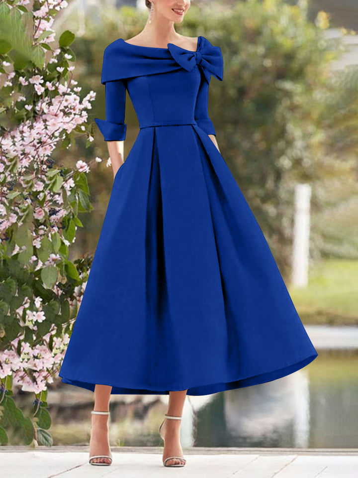 A-Line/Princess Cowl Neck Bow(s) 3/4 Sleeves Tea Length Elegant Mother of the Bride  & Groom Dresses