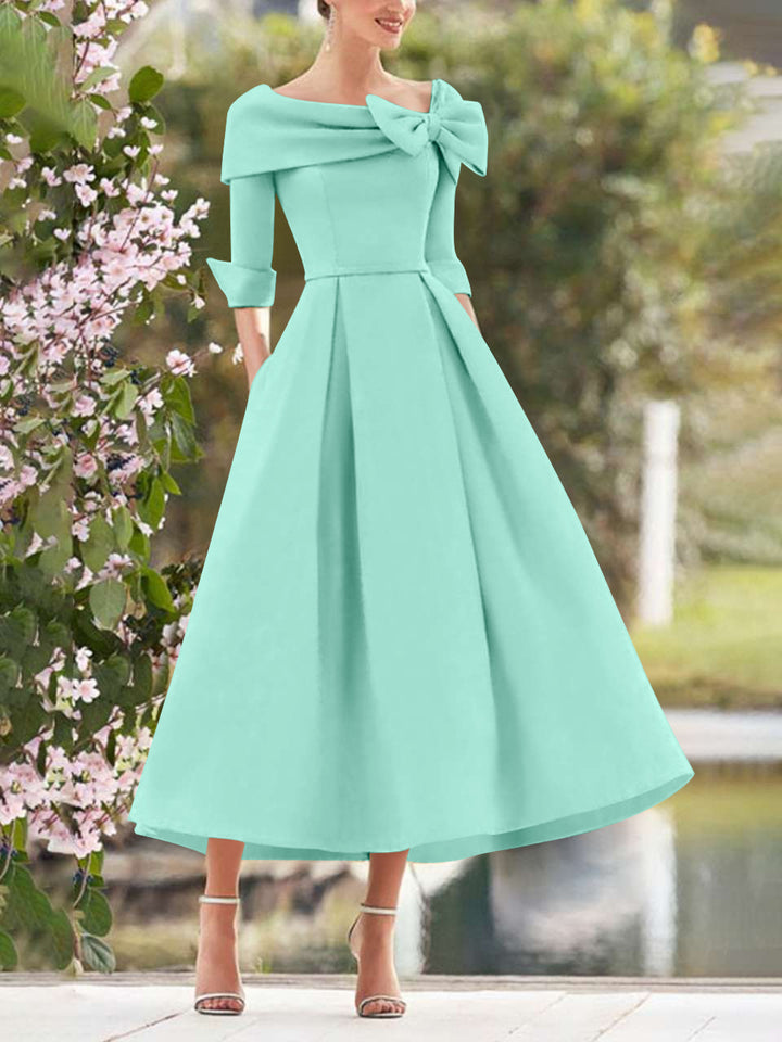 A-Line/Princess Cowl Neck Bow(s) 3/4 Sleeves Tea Length Elegant Mother of the Bride  & Groom Dresses