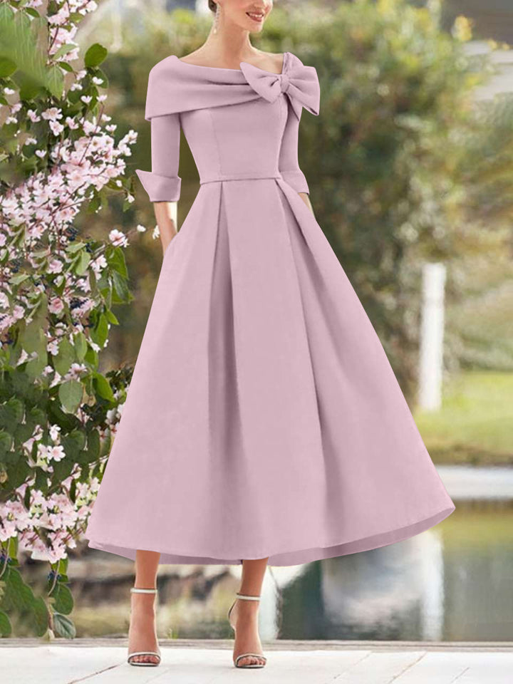 A-Line/Princess Cowl Neck Bow(s) 3/4 Sleeves Tea Length Elegant Mother of the Bride  & Groom Dresses