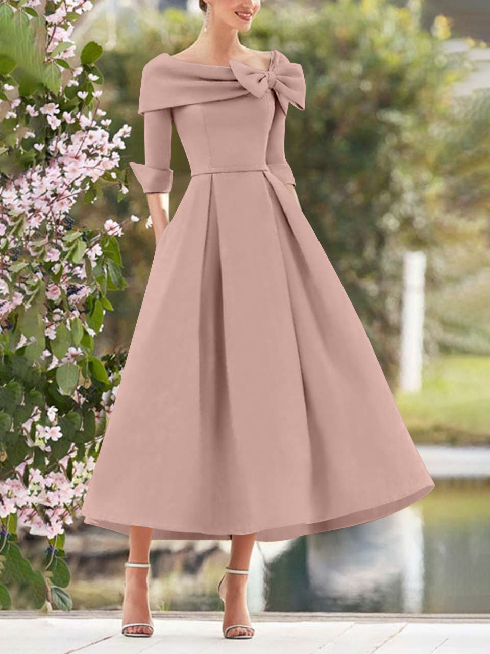 A-Line/Princess Cowl Neck Bow(s) 3/4 Sleeves Tea Length Elegant Mother of the Bride  & Groom Dresses