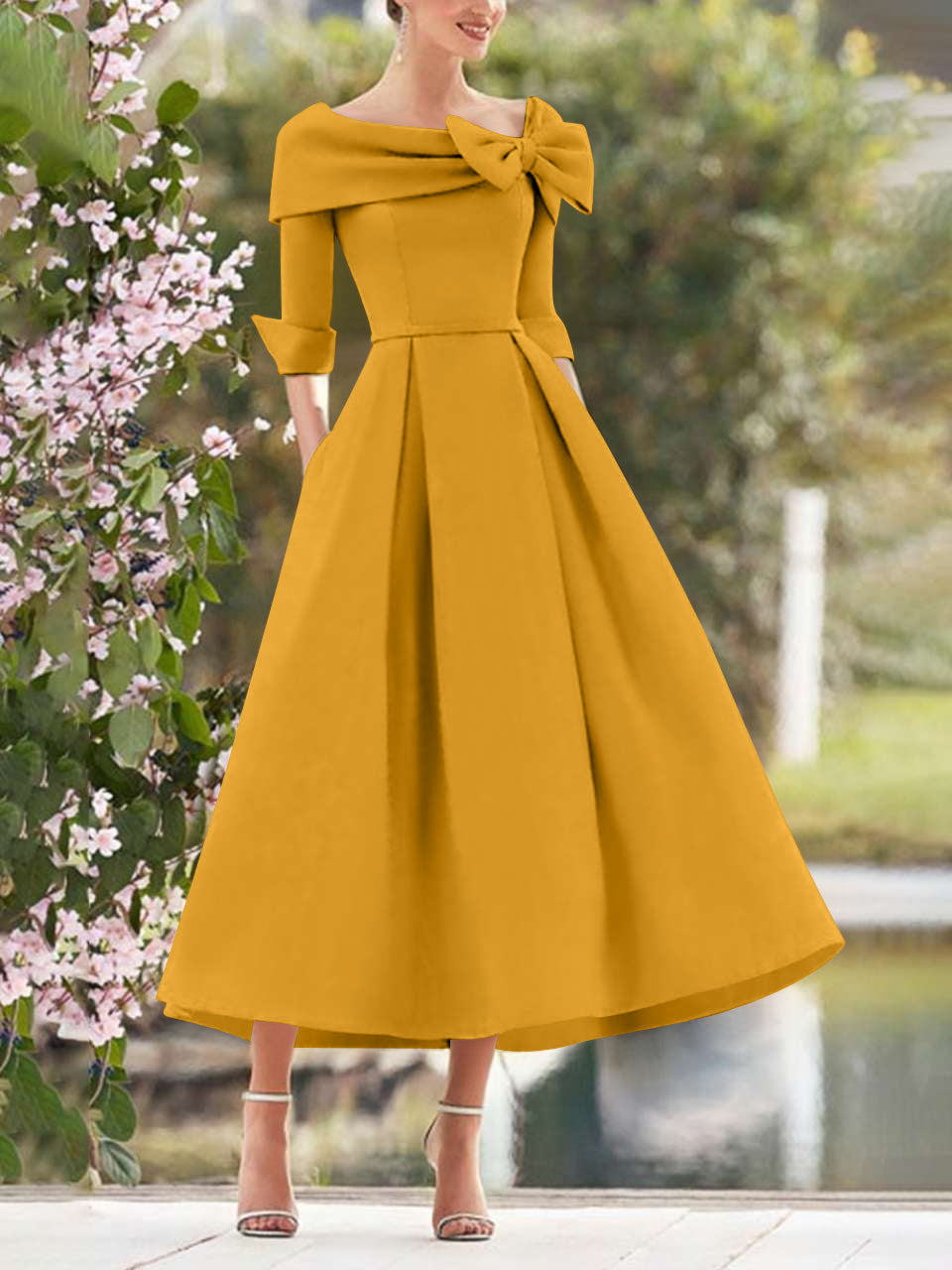 A-Line/Princess Cowl Neck Bow(s) 3/4 Sleeves Tea Length Elegant Mother of the Bride  & Groom Dresses